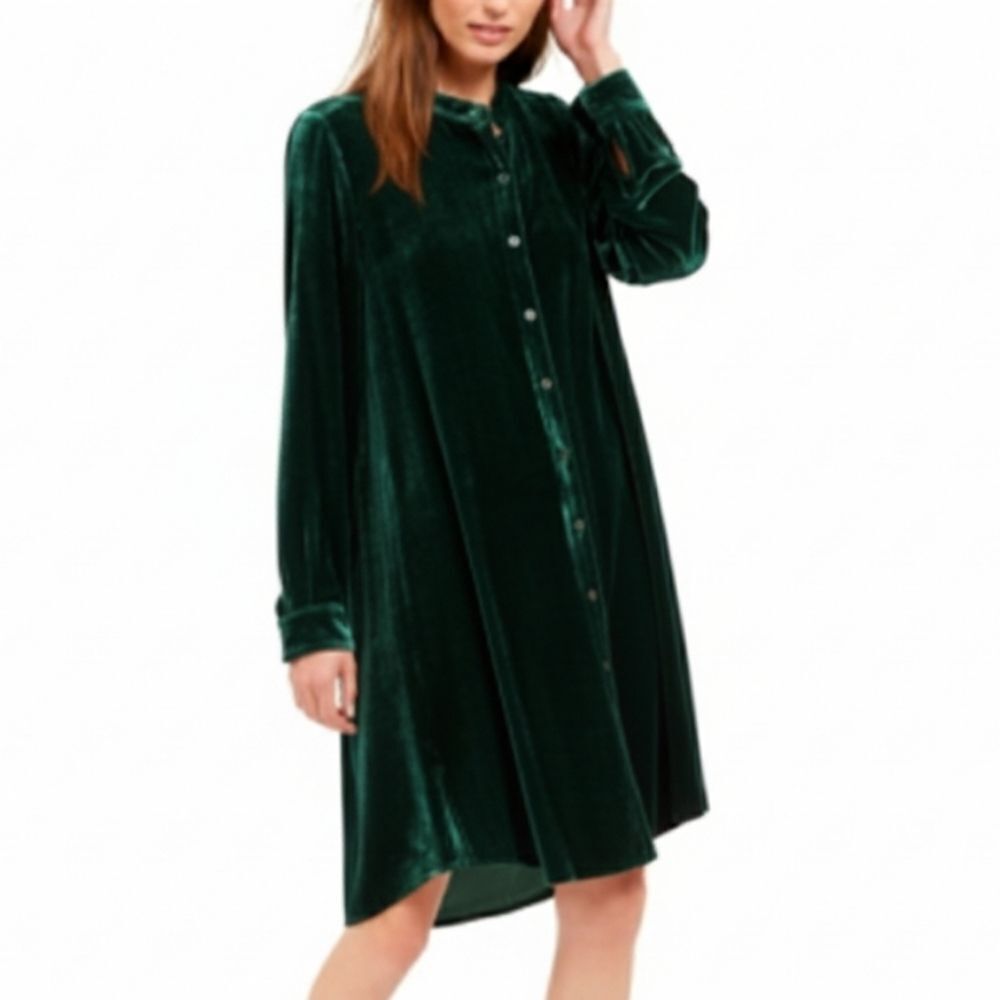 Eileen Fisher luxurious Silk Velvet Emerald Green Shirt Dress Tunic Small